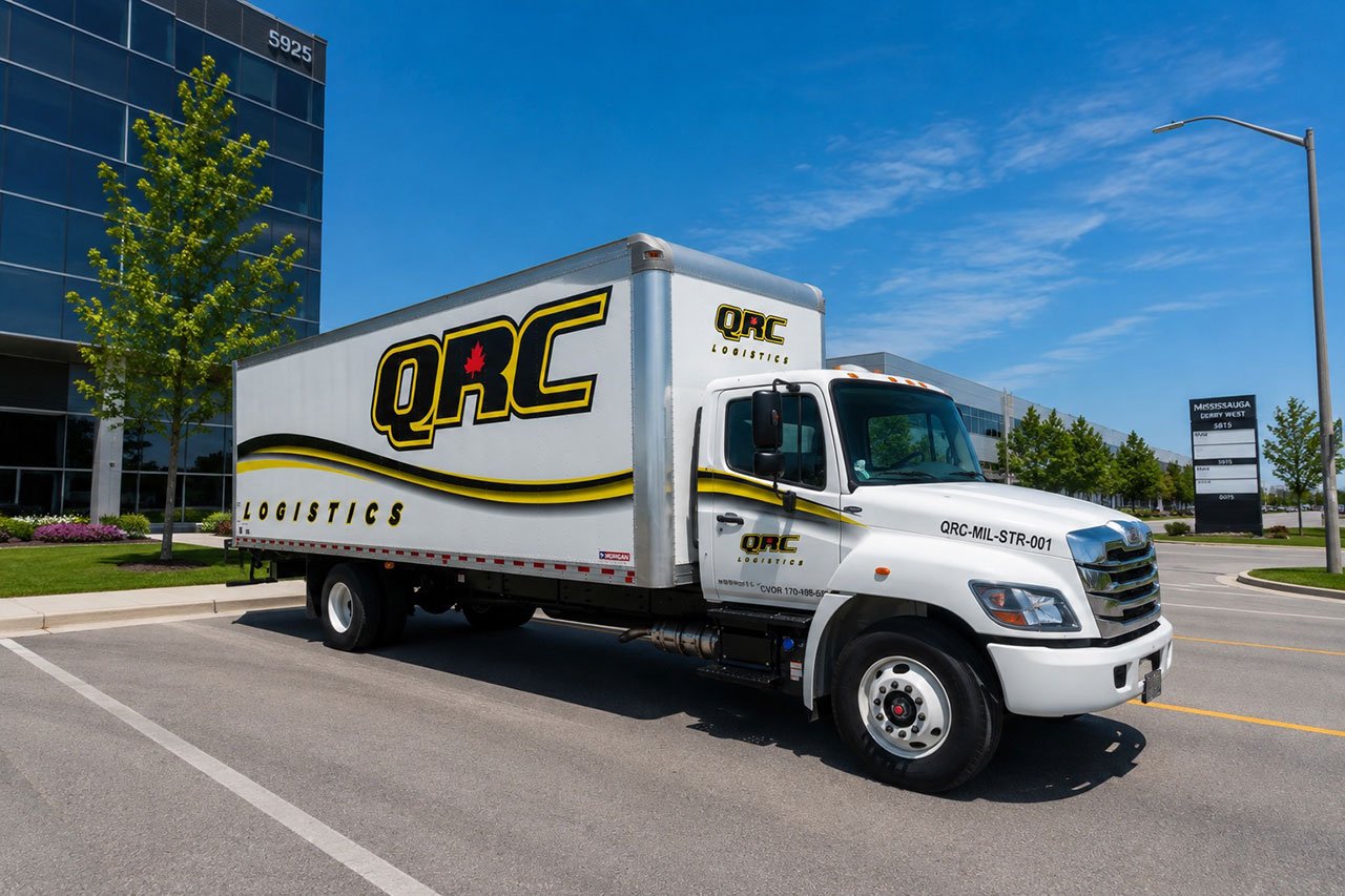 QRC Logistics box truck in a Mississauga business district