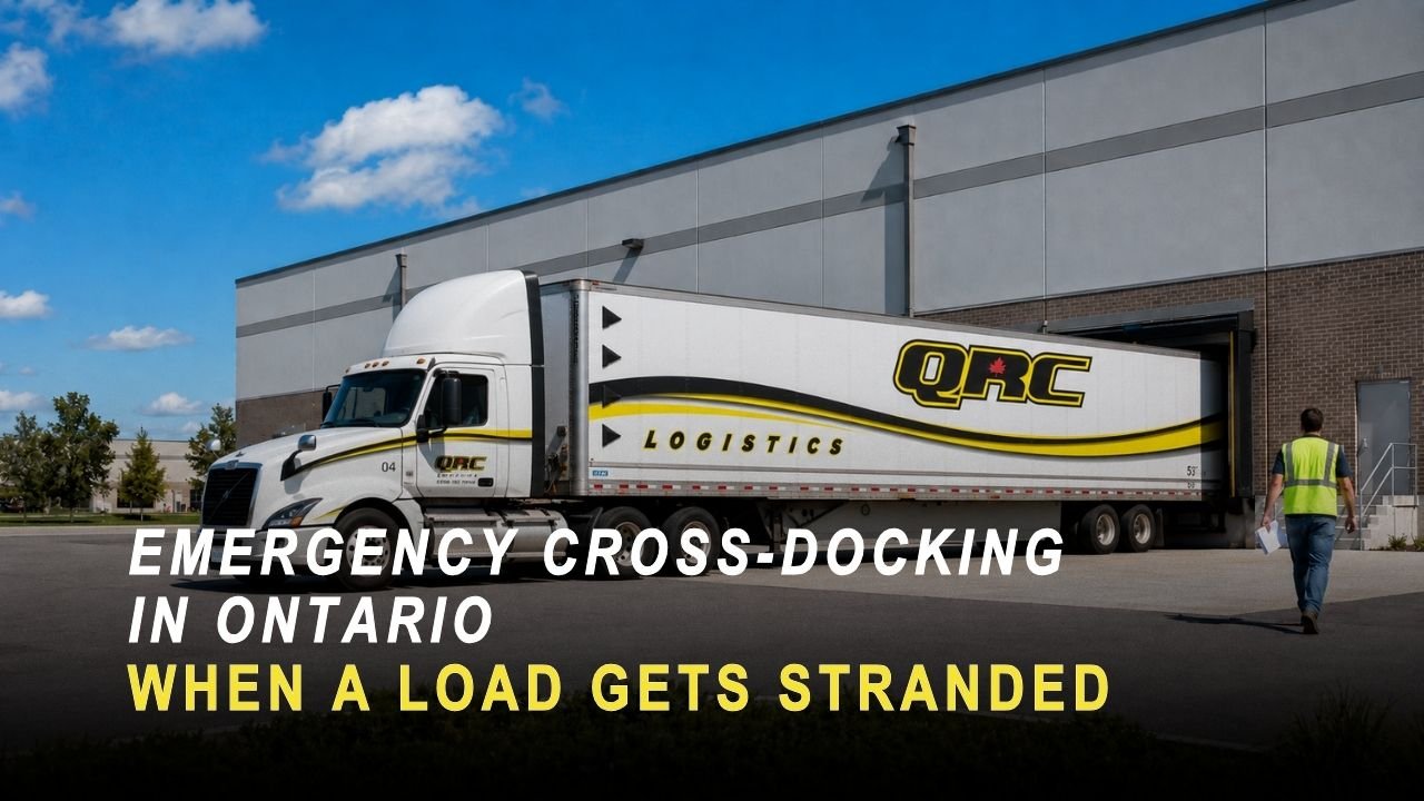 QRC Logistics tractor-trailer backed into an Ontario warehouse loading dock