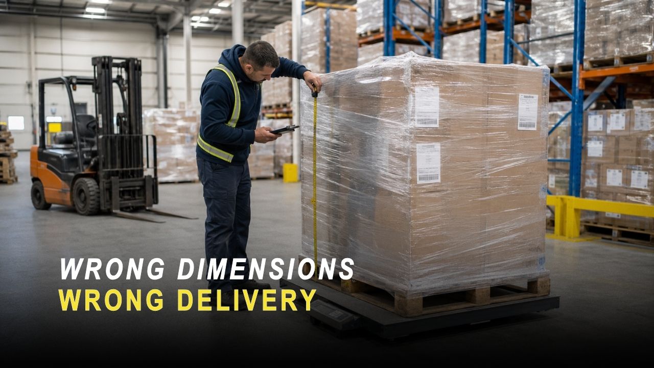Warehouse worker measuring and weighing a shrink-wrapped pallet on a floor scale before booking an LTL shipment