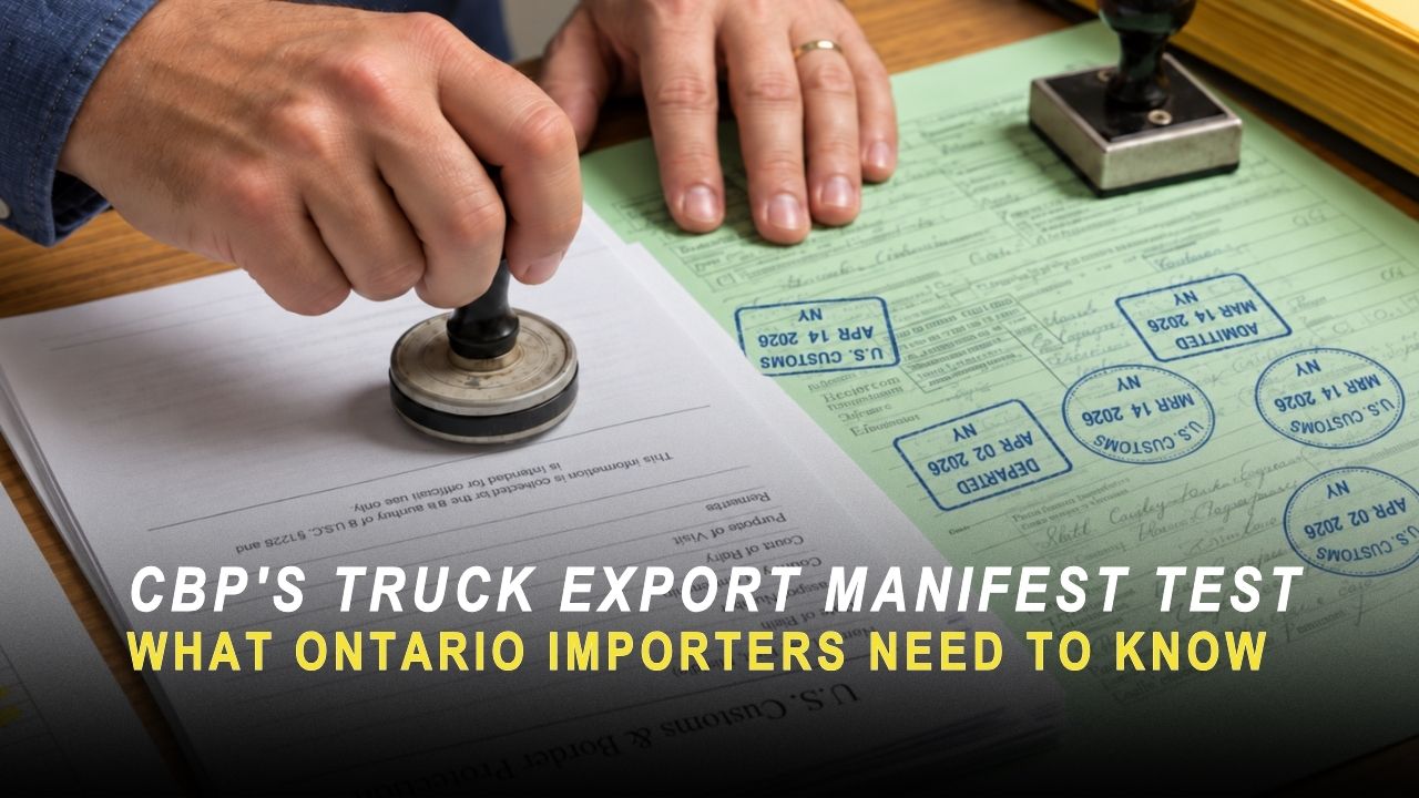 Hand stamping U.S. customs documents beside the title CBP's Truck Export Manifest Test: What Ontario Importers Need to Know