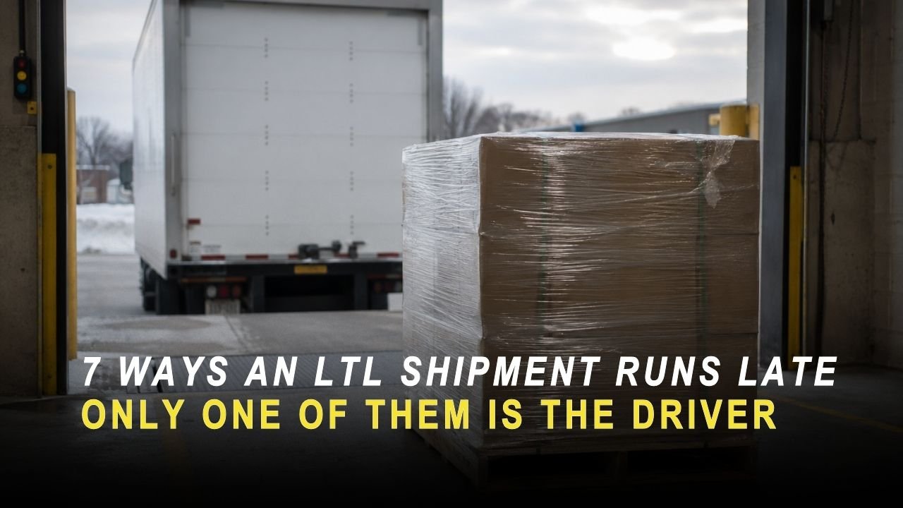 Shrink-wrapped freight pallet waiting at a loading dock with an LTL box truck backed up to the door in winter