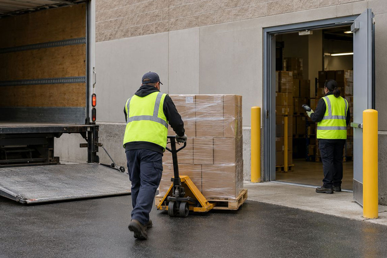 Driver moving a wrapped pallet from a straight truck’s lift gate to a retail store’s receiving door for final-mile delivery Driver moving a wrapped pallet from a straight truck’s lift gate to a retail store’s receiving door for final-mile delivery