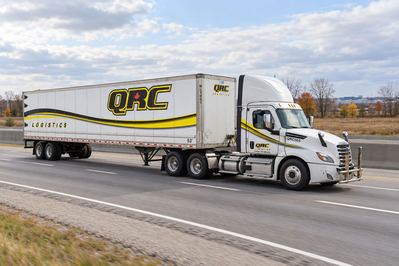 QRC Logistics tractor-trailer hauling a 53-foot dry van on an Ontario highway QRC Logistics tractor-trailer hauling a 53-foot dry van on an Ontario highway